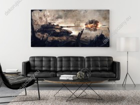 Wizualizacja obrazu o tematyce militarnej przedstawia czołg w działaniach wojennych. Obraz do pokoju dziennego, młodzieżowego, sypialni, salonu, biura, gabinetu, przedpokoju i jadalni.