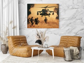 Wizualizacja obrazu o tematyce wojennej. Żołnierze biegną do helikoptera na polu bitwy. Obraz do pokoju młodzieżowego, sypialni, salonu, przedpokoju, biura.