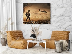Wizualizacja obrazu o tematyce militarnej, z żołnierzem na polu bitwy. Obraz do pokoju młodzieżowego, dziennego, salonu, sypialni, biura, przedpokoju.