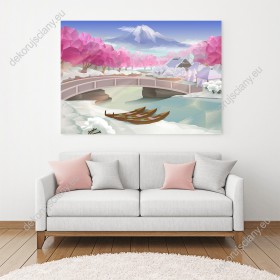 Wizualizacja obrazu do pokoju dziennego, młodzieżowego, dziecięcego, salonu, sypialni, biura. Obraz z widokiem na krajobraz ośnieżonej, japońskiej wioski i różowych, kwitnących drzew wiśni (sakura).