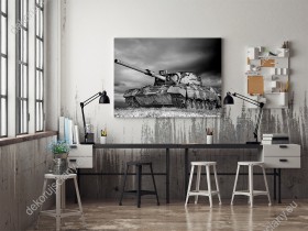 Wizualizacja, czarno-biały obraz z czołgiem Leopardem. Obraz do pokoju młodzieżowego, sypialni, salonu, gabinetu, biura, przedpokoju.
