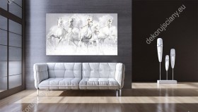 Wizualizacja obrazu do pokoju dziennego, młodzieżowego, dziecięcego, salonu, sypialni, biura. Obraz przedstawia białe konie galopujące w śniegu.