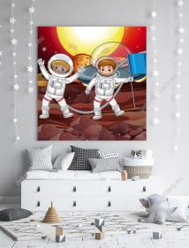 Wizualizacja obrazu do pokoju dziecięcego z motywem kosmicznym przedstawiająca astronautów wbijających flagę na nowej, obcej planecie.
