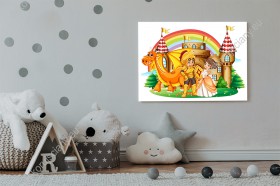 Wizualizacja obrazu do pokoju dziecięcego z bajkowym motywem. Dzielnym rycerz, piękną księżniczka i smok na tle wspaniałego zamku.