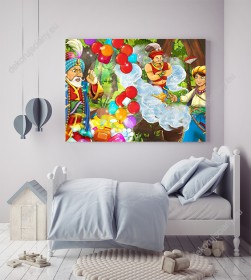 Wizualizacja obrazu do pokoju dziecięcego z baśniowym motywem. Obraz z Aladynem wypuszczającym z magicznej lampy dżina spełniającego życzenia i błyszczącymi klejnotami, na tle lasu.