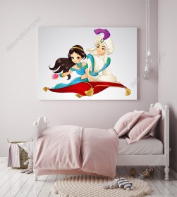 Wizualizacja obrazu do pokoju dziecięcego z bajkowym motywem Aladyna i księżniczki Jasminy, podczas lotu na latającym dywanie.