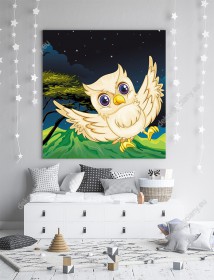 Wizualizacja obrazu do pokoju dziecięcego z sową lecącą po nocnym, rozgwieżdżonym niebie.