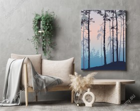 Wizualizacja obrazu z widokiem artystycznego sosnowego lasu w niebieskizielonopomarańczowych barwach. Obraz do pokoju dziennego, młodzieżowego, salonu, sypialni gabinetu,, biura, przedpokoju i jadalni.