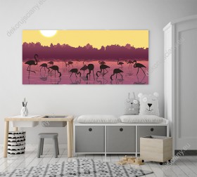 Wizualizacja obrazu z flamingami stąpającymi po wodzie o zachodzie słońca. Obraz do pokoju dziennego, dziecięcego, młodzieżowego, sypialni, salonu, biura, gabinetu, przedpokoju i jadalni. 