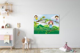 Wizualizacja obrazu do pokoju dziecięcego z małymi aniołkami bawiącymi się na gałęziach drzew.