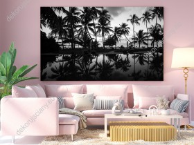 Wizualizacja, czarnobiały obraz z widokiem na tropikalny krajobraz palm na piaszczystej plaży odbite w tafli wody. Obraz do pokoju dziennego, sypialni, salonu, biura, gabinetu, przedpokoju i jadalni.
