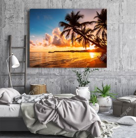 Wizualizacja obrazu z widokiem tropikalnej plaży i egzotycznych palm przy wodzie ozłoconej promieniami zachodzącego słońca na Dominikanie. Obraz do pokoju dziennego, salonu, sypialni, gabinetu, biura, przedpokoju i jadalni.