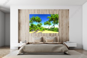 Wizualizacja obrazu z zielonymi, hawajskimi palmami. Taki obraz świetnie sprawdzi się w salonie, sypialni, przedpokoju, jadalni, biurze oraz pokoju młodzieżowym i dziennym.
