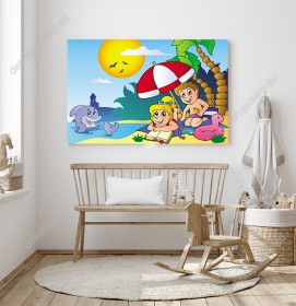 Wizualizacja obrazu do pokoju dziecięcego z dziećmi odpoczywającymi na plaży i delfinem wesoło pływającym w morzu.