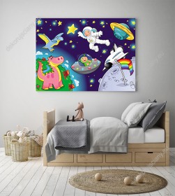 Wizualizacja obrazu do pokoju dziecięcego z planetami, astronautą, zwierzętami w kosmosie.