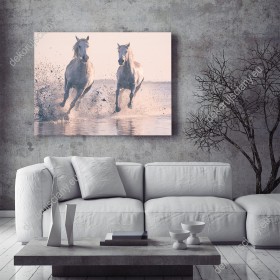 Wizualizacja obrazu przedstawia piękne białe konie galopujące po wodzie, w promieniach zachodzącego słońca. Obraz do pokoju dziennego, młodzieżowego, dziecięcego, sypialni, salonu, przedpokoju, biura.
