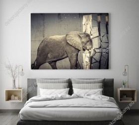 Wizualizacja, nowoczesny obraz ze słoniem przebijającym się przez betonową ścianę. Obraz do pokoju młodzieżowego, sypialni, salonu, pokoju dziennego, gabinetu, biura, przedpokoju.
