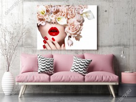 Wizualizacja obrazu z wizerunkiem kobiety skrytej pod kapeluszem z kwiatów, z czerwonymi ustami i paznokciami. Obraz przeznaczony do gabinetu i sypialni.