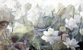 Wzornik motyw białych kwiatów i zielonych liści lotosu wkomponowanych w mur.
