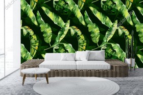 Wizualizacja tapety do pokoju dziennego, młodzieżowego, sypialni, salonu, przedpokoju, biura z motywem tropikalnym. Tapeta przedstawia zielone liście egzotycznych roślin, na czarnym tle.