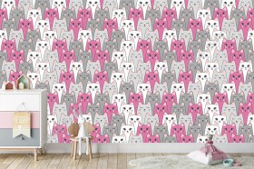 Wizualizacja tapety na ścianę do pokoju dziecięcego z dużą ilością różowych, szarych i białych kotów.