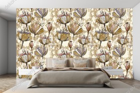 Wizualizacja tapety do pokoju dziennego, sypialni, salonu, przedpokoju, biura w kwiaty tulipanów, a tło w barwach brązowokremowych.