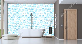Wizualizacja tapety do pokoju dziennego, sypialni, salonu, przedpokoju w błękitne bańki mydlane unoszące się, na białym tle.