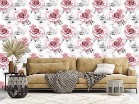 Wizualizacja tapety, akwarelowe, różowe róże na białym tle.