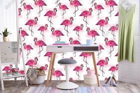 Wizualizacja tapety, różowe akwarelowe flamingi na białym tle.