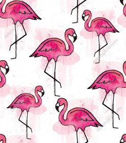 Wzornik tapety, różowe akwarelowe flamingi na białym tle.