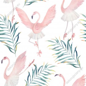 Wzornik tapety, różowe tańczące flamingi pośród zielonych liści na białym tle.