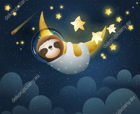 Wzornik fototapety, leniwiec kosmonauta śpiący nocą na księżycu wśród świecących gwiazd.
