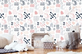 Wizualizacja tapety na ścianę do pokoju dziecięcego. Tapeta w jednorożce i różne abstrakcyjne wzory, w różowym, granatowym i szarym kolorze, na białym tle.