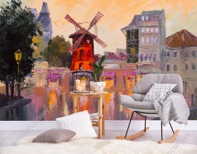 Wizualizacja fototapety do pokoju dziecięcego, młodzieżowego, salonu, sypialni, pokoju dziennego, gabinetu, biura, przedpokoju. Malowany artystycznie pejzaż miejski, Moulin Rouge w Paryżu.