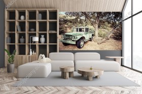 Wizualizacja fototapety przedstawia samochód terenowy zaparkowany na australijskim stepie. Fototapeta do pokoju młodzieżowego, salonu, sypialni, pokoju dziennego, gabinetu, biura.