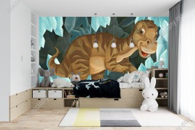 Wizualizacja fototapety do pokoju dziecięcego prezentująca wesołego dinozaura w jaskini pełnej lodowych kryształów.