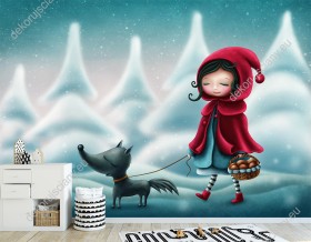 Wizualizacja fototapety do pokoju dziecięcego z baśniowym motywem. Fototapeta w zimowej scenerii prezentuje Czerwonego kapturka i wilka idących przez ośnieżony las.