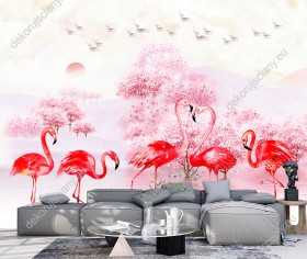 Wizualizacja fototapety w odcieniach różu do pokoju dziennego, dziecięcego, sypialni, salonu, biura. Flamingi brodzące w wodzie ma tle drzew i nieba z lecącymi ptakami.