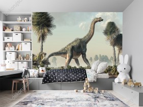 Wizualizacja fototapety do pokoju dziecięcego i młodzieżowego z motywem prehistorycznych dinozaurów. Na fototapecie brachiozaur stoi na mokradłach z okresu jurajskiego.