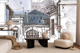 Wizualizacja fototapety z widokiem na artystyczne, malowane miasto. Fototapeta do pokoju dziennego, młodzieżowego, sypialni, salonu, biura, gabinetu, przedpokoju i jadalni.