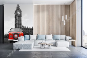 Wizualizacja fototapety z widokiem na czerwony samochód VW "ogórek", na tle Big Bena w Londynie. Fototapeta do pokoju dziennego, młodzieżowego, sypialni, salonu, biura, gabinetu, przedpokoju i jadalni.