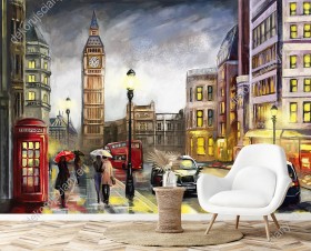 Wizualizacja fototapety z widokiem na parę pod parasolem, czerwony autobus i budkę telefoniczną, na malowanych farbami ulicach Londynu, z Big Benem w tle, Anglia. Fototapeta do pokoju dziennego, młodzieżowego, sypialni, salonu, biura, gabinetu, przedpokoju i jadalni.