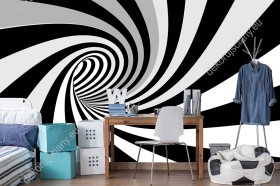 Wizualizacja fototapety z efektem 3D przedstawia tunel tworzący wir w kolorze czarnobiałym. Fototapeta do pokoju dziennego, młodzieżowego, sypialni, salonu, biura, gabinetu, przedpokoju i jadalni.
