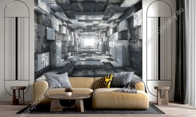 Wizualizacja fototapety przedstawia tunel z murowanych bloczków tworzący efekt 3D i optycznie powiększający pomieszczenie. Fototapeta do pokoju dziennego, młodzieżowego, sypialni, salonu, biura, gabinetu, przedpokoju i jadalni.