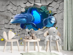 Wizualizacja, wesołe delfiny i kolorowe ryki z rafy koralowej wypływają przez dziurę w rozbitej ścianie, w tle błękitne wody oceanu. Fototapeta do pokoju dziennego, dziecięcego, młodzieżowego, sypialni, salonu, biura. Fototapeta z efektem 3d, wizualnie powiększy przestrzeń.