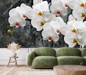 Wizualizacja fototapety z efektem 3D przedstawia gałązkę białych kwiatów orchidei na abstrakcyjnym tle. Fototapeta do pokoju dziennego, młodzieżowego, sypialni, salonu, biura, gabinetu, przedpokoju i jadalni.
