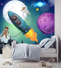 Wizualizacja fototapety do pokoju dziecięcego. Astronauci i rakieta kosmiczna na obcej planecie, w odległej galaktyce.