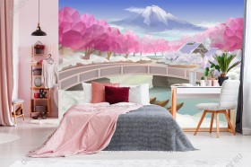 Wizualizacja fototapety do pokoju dziennego, dziecięcego, młodzieżowego, sypialni, salonu, biura. Fototapeta z widokiem na krajobraz ośnieżonej, japońskiej wioski i różowych, kwitnących drzew wiśni (sakura).