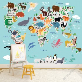 Wizualizacja fototapety do pokoju dziecięcego przedstawiająca mapę świata z kolorowymi zwierzętami ze wszystkich kontynentów.