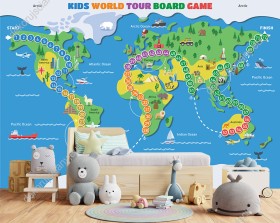 Wizualizacja fototapety do pokoju dziecięcego z grą planszową prezentującą podróż przez kontynenty i oceany na mapie świata.